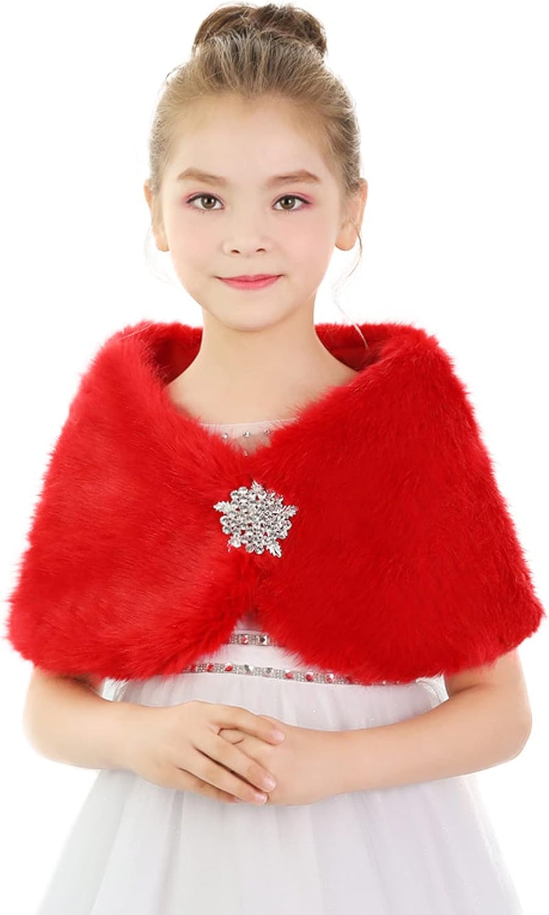 BXT Flower Girl Shawl Wrap, Kids Soft Red Faux Fur Princess Shoulder Cape for Wedding - Image 1